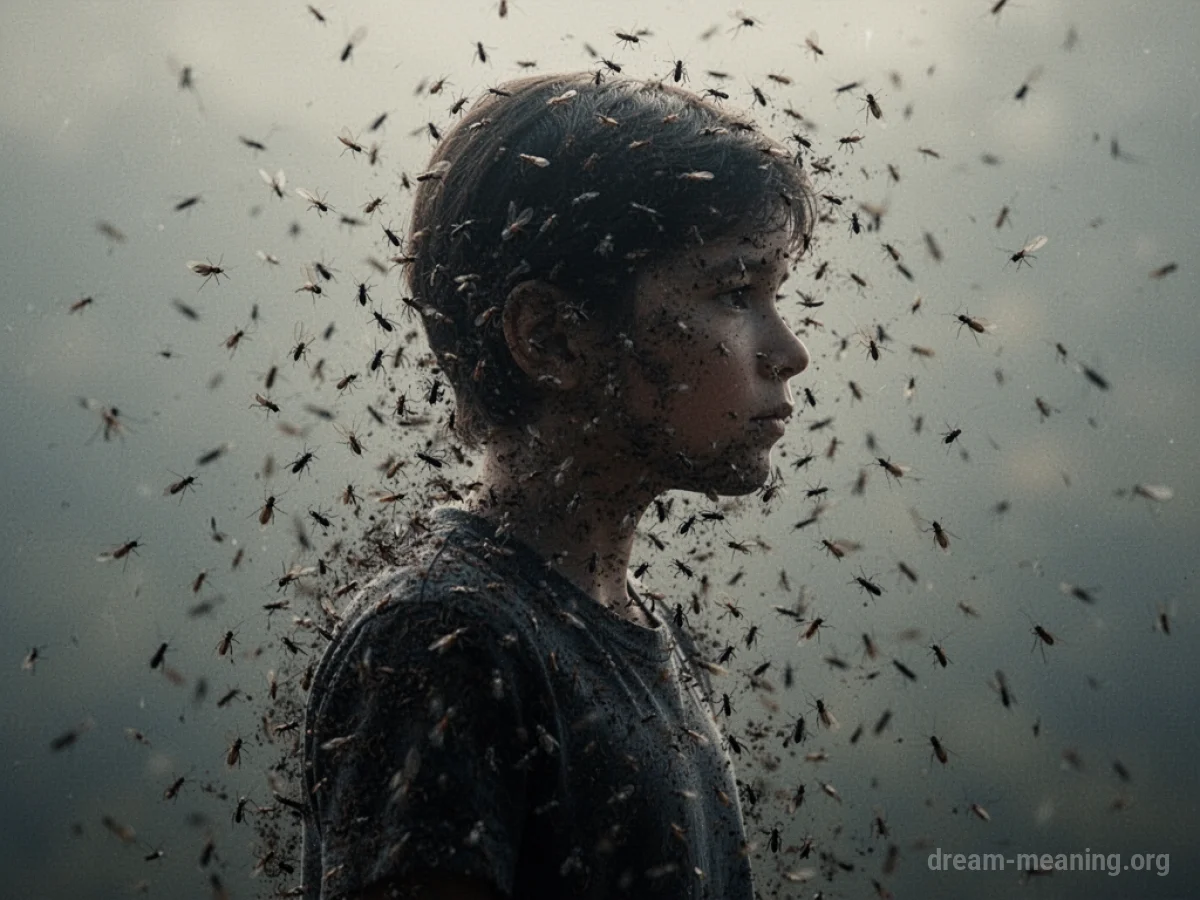A silhouette of a person fading into a cloud of small insects.