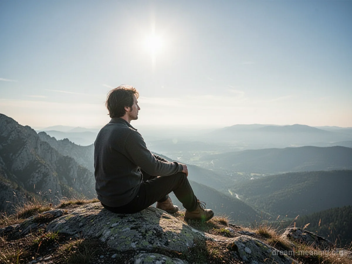 A person observes a clear landscape from a mountaintop.