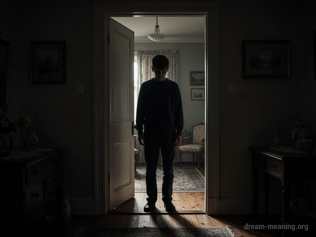 A dark silhouette of a person partially visible in an open doorway.