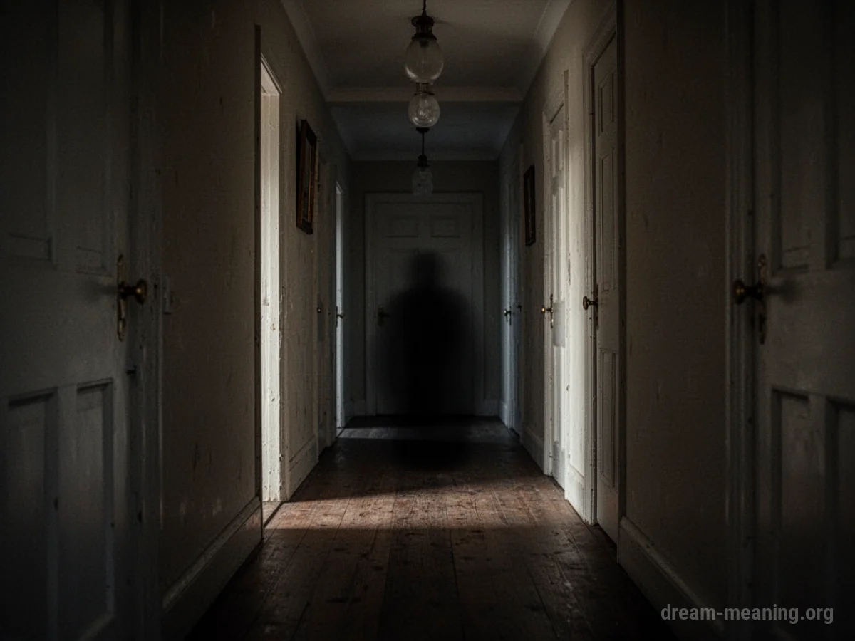 A dark hallway with a faint shadow.