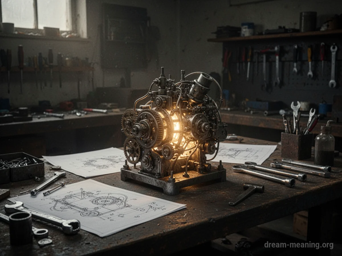A complex mechanical device on a workbench in a workshop.