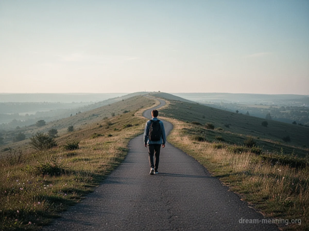 A solitary figure walks down a long, empty path toward the horizon.