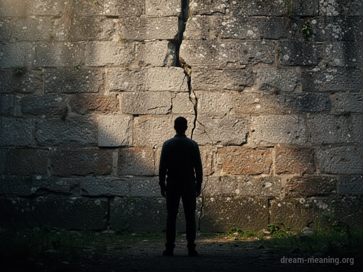 Silhouette of a person facing a cracked stone wall.
