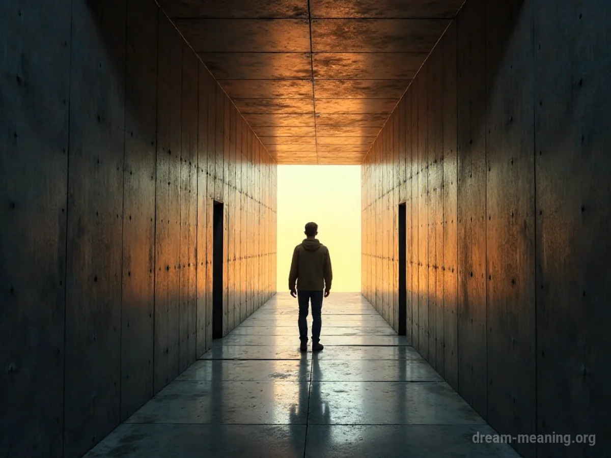 A person stands in a hallway with walls visibly moving closer.