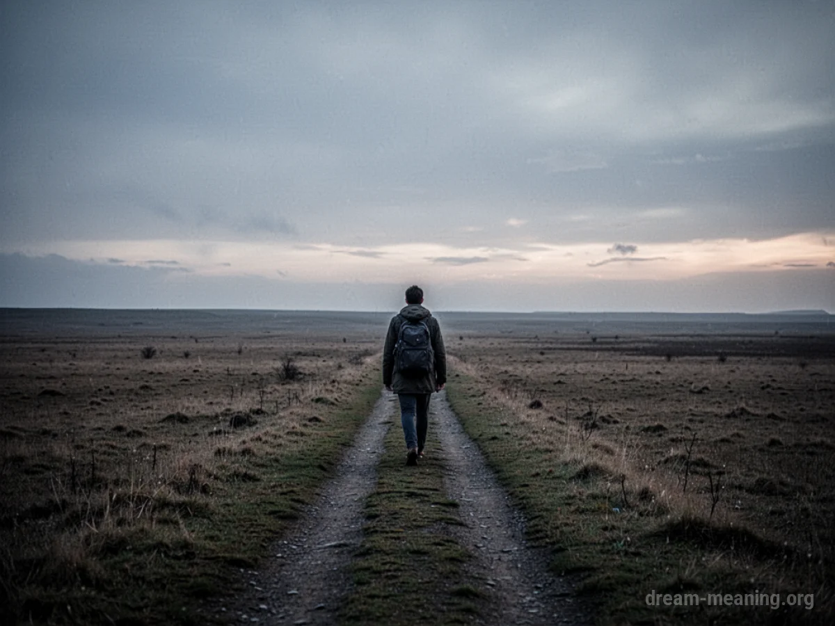 A single person walking on a path in an expansive, barren landscape.