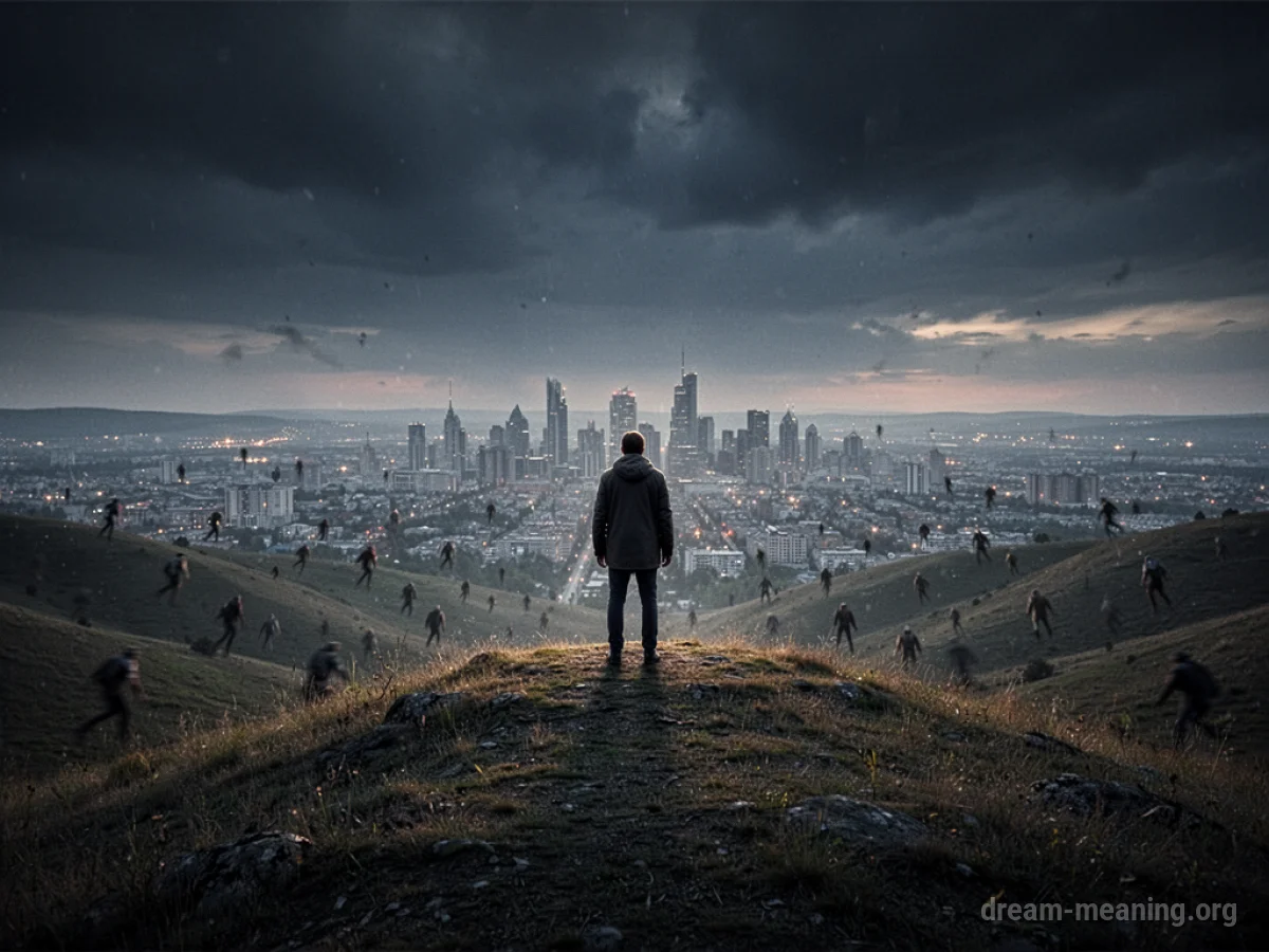 A silhouette of a person observes a distant, hazy landscape with scattered, dark shapes.