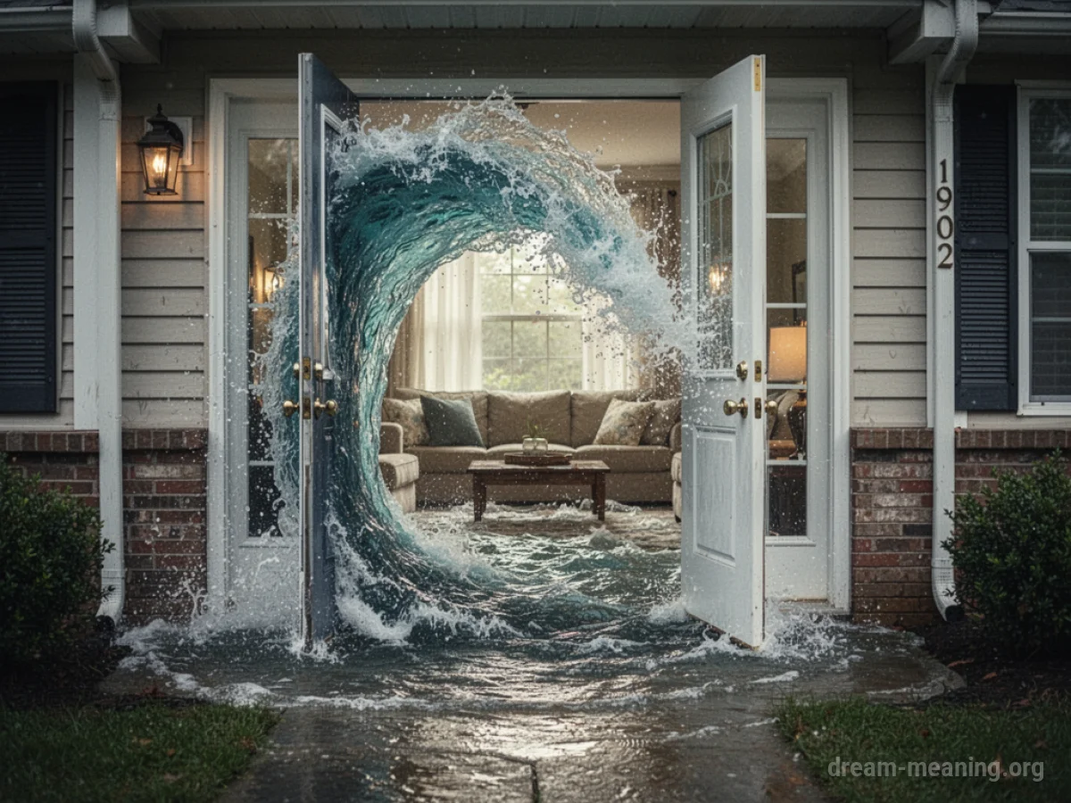 Water flowing into a house through the front door.