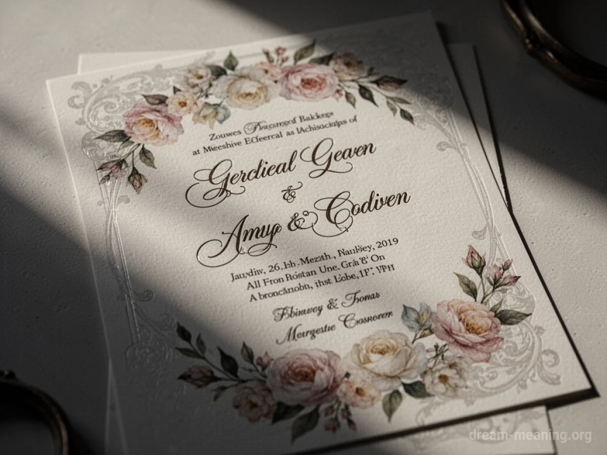 An ornate wedding invitation card with decorative script and floral elements.