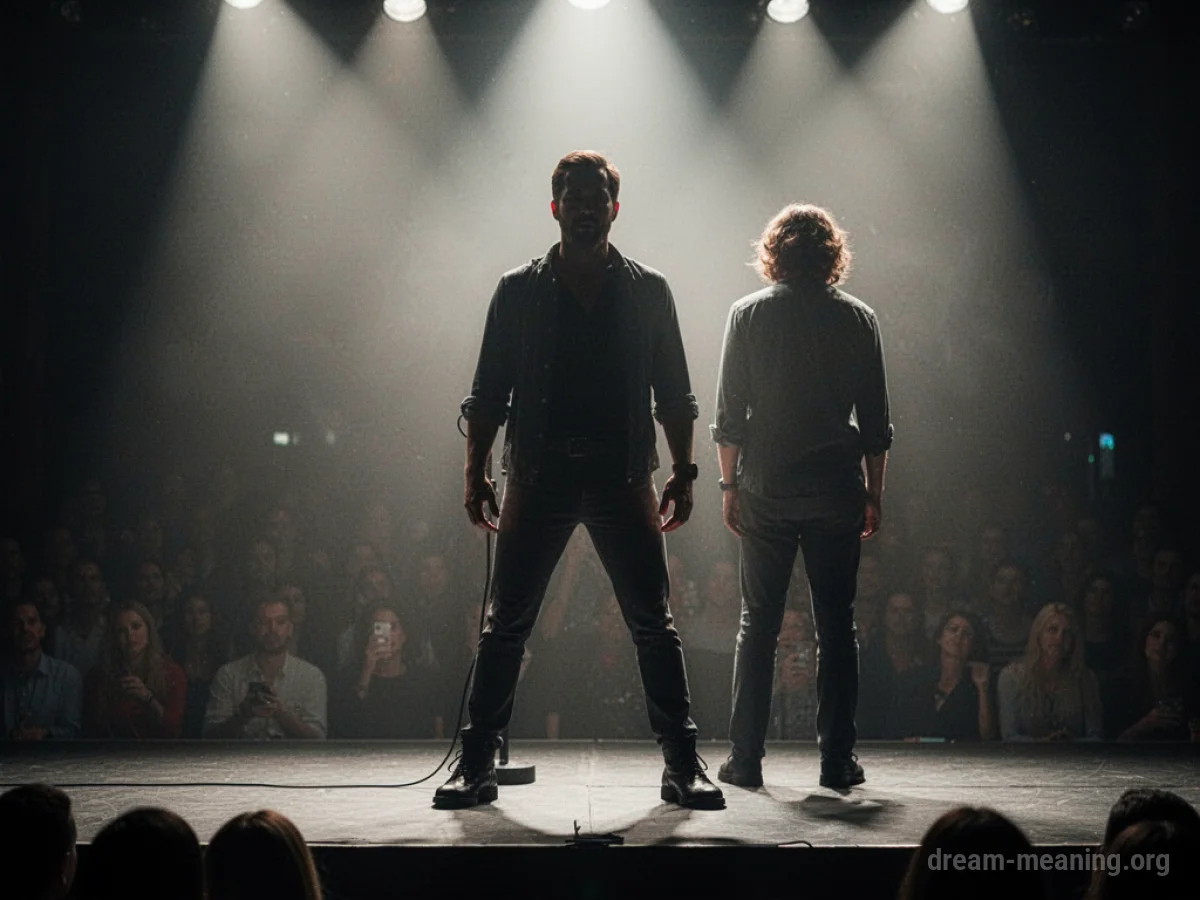 Two silhouetted figures on a stage during a debate.