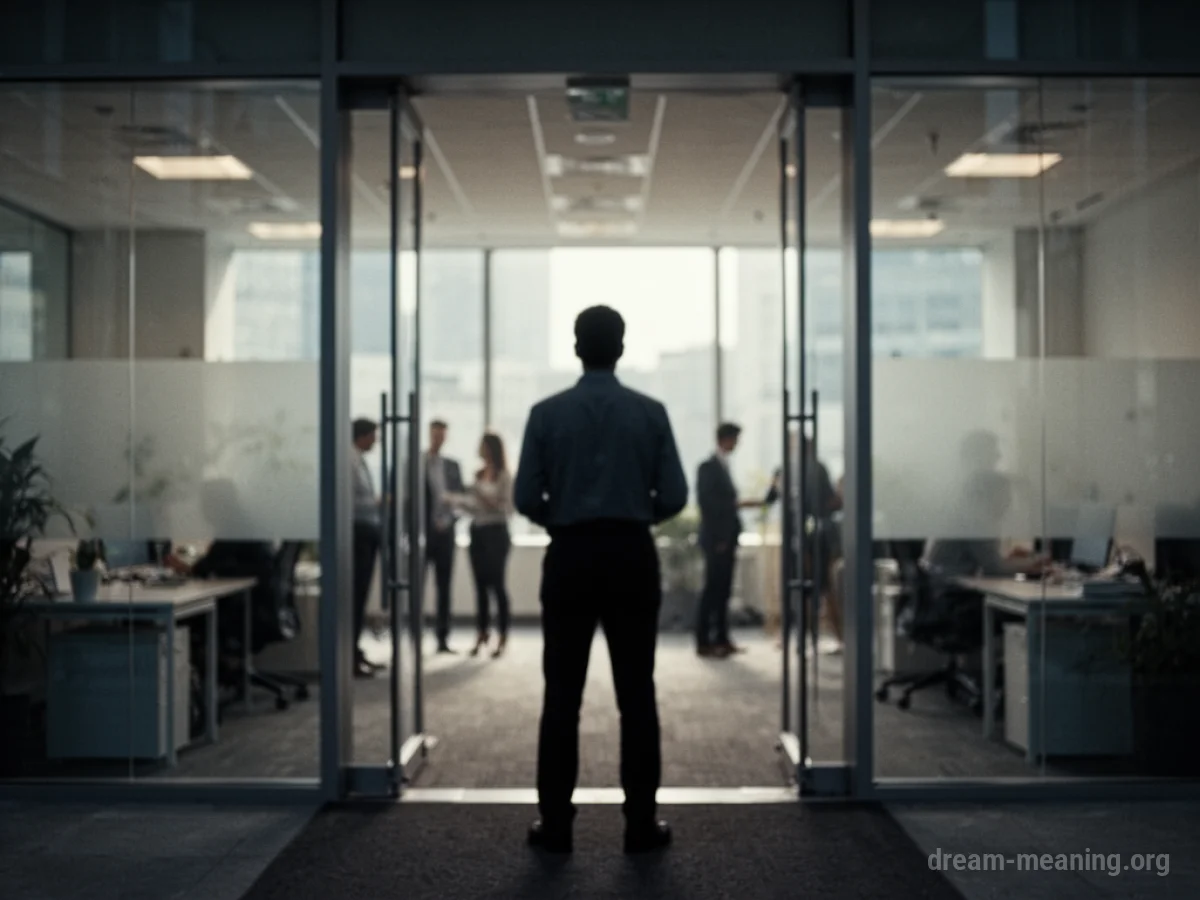 Silhouette of a person at an office doorway with figures inside.