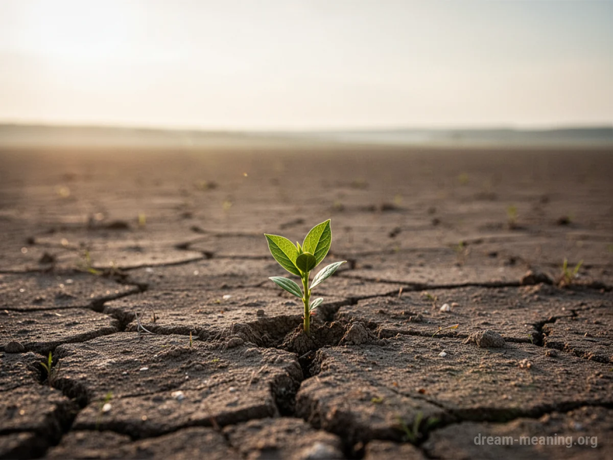 A solitary green sprout growing from barren earth under a gentle light.
