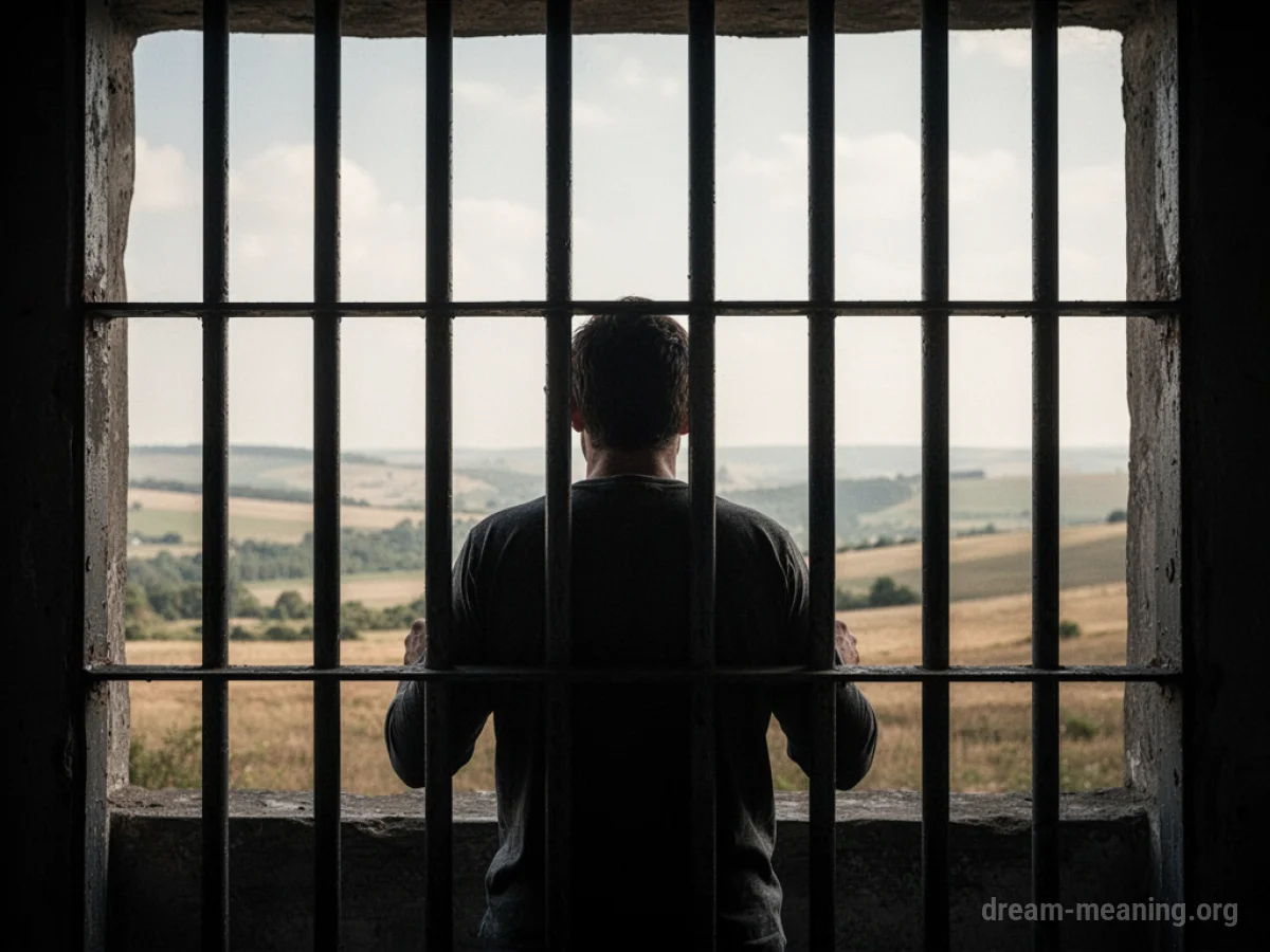 Silhouette of a person behind jail bars facing an open, sunlit area.