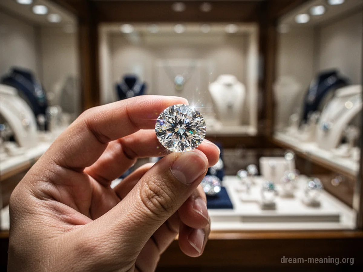 A close-up of a hand holding a bright, faceted gemstone.