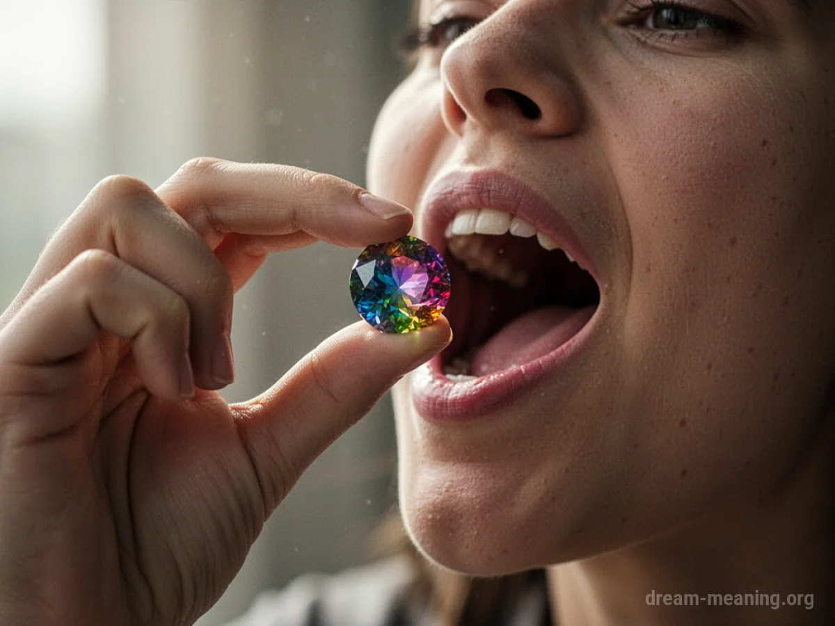Hand holding a gemstone towards an open mouth.
