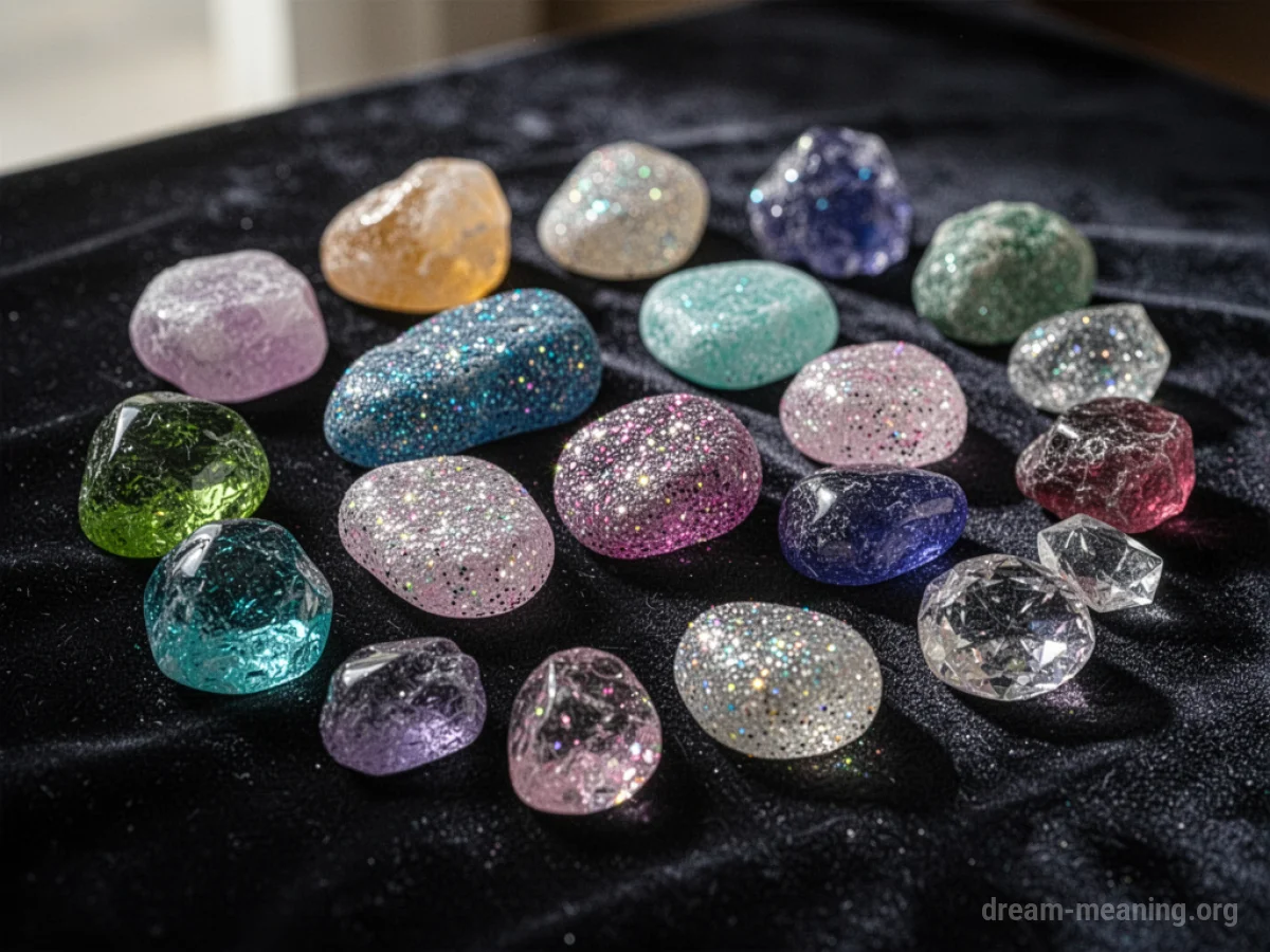 A pile of assorted gemstones, some sparkling brightly and others dull and obviously plastic.