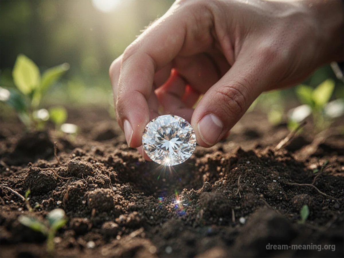A hand reaching down to pick up a faceted gemstone from the ground.