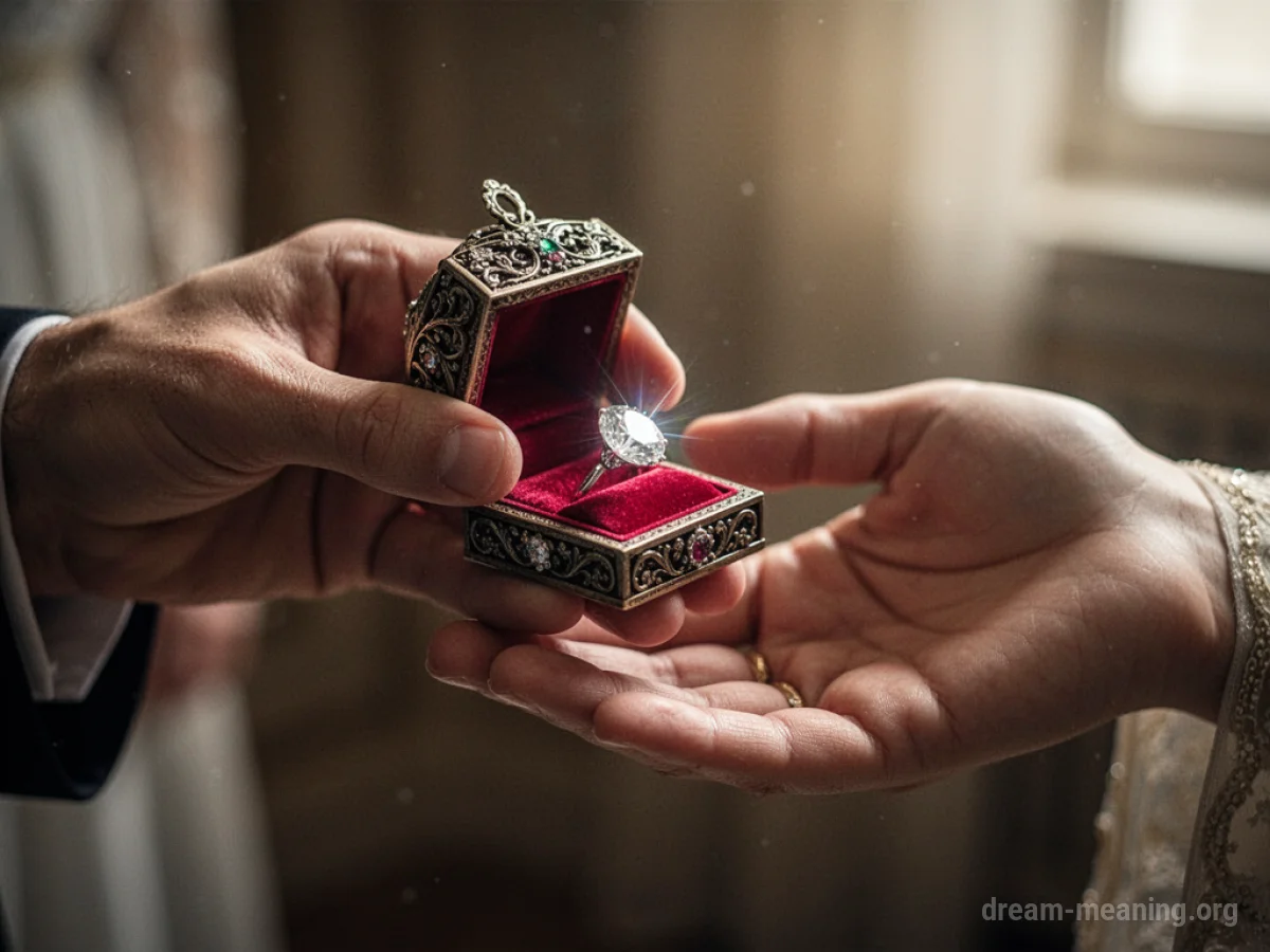 A hand offers a jewelry box to another hand.