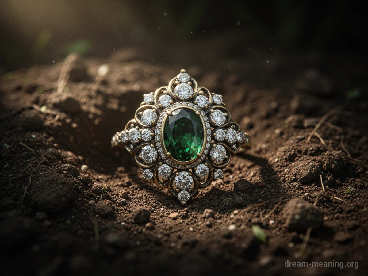 An ornate jewel peeking out from beneath loose soil.