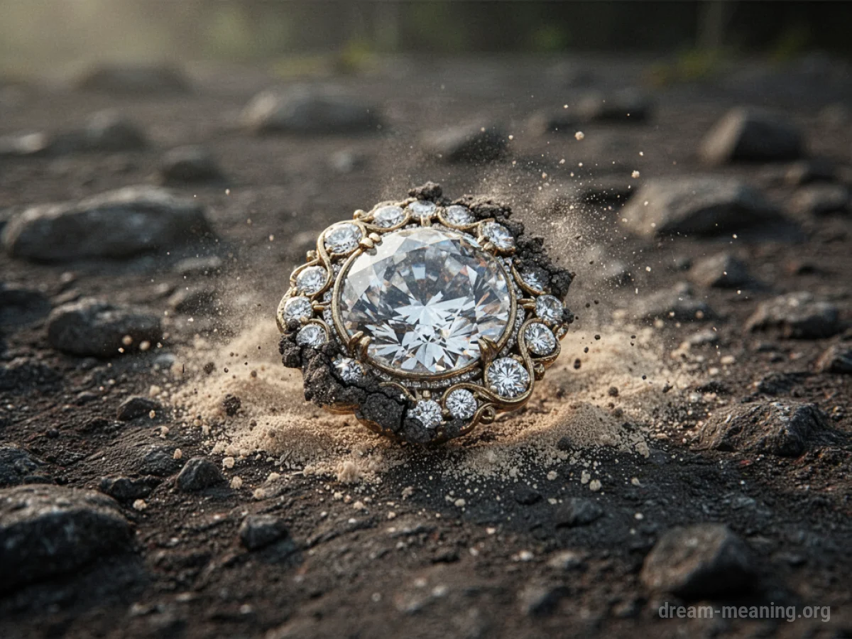 A gemstone fragmenting into dust on a dark surface.