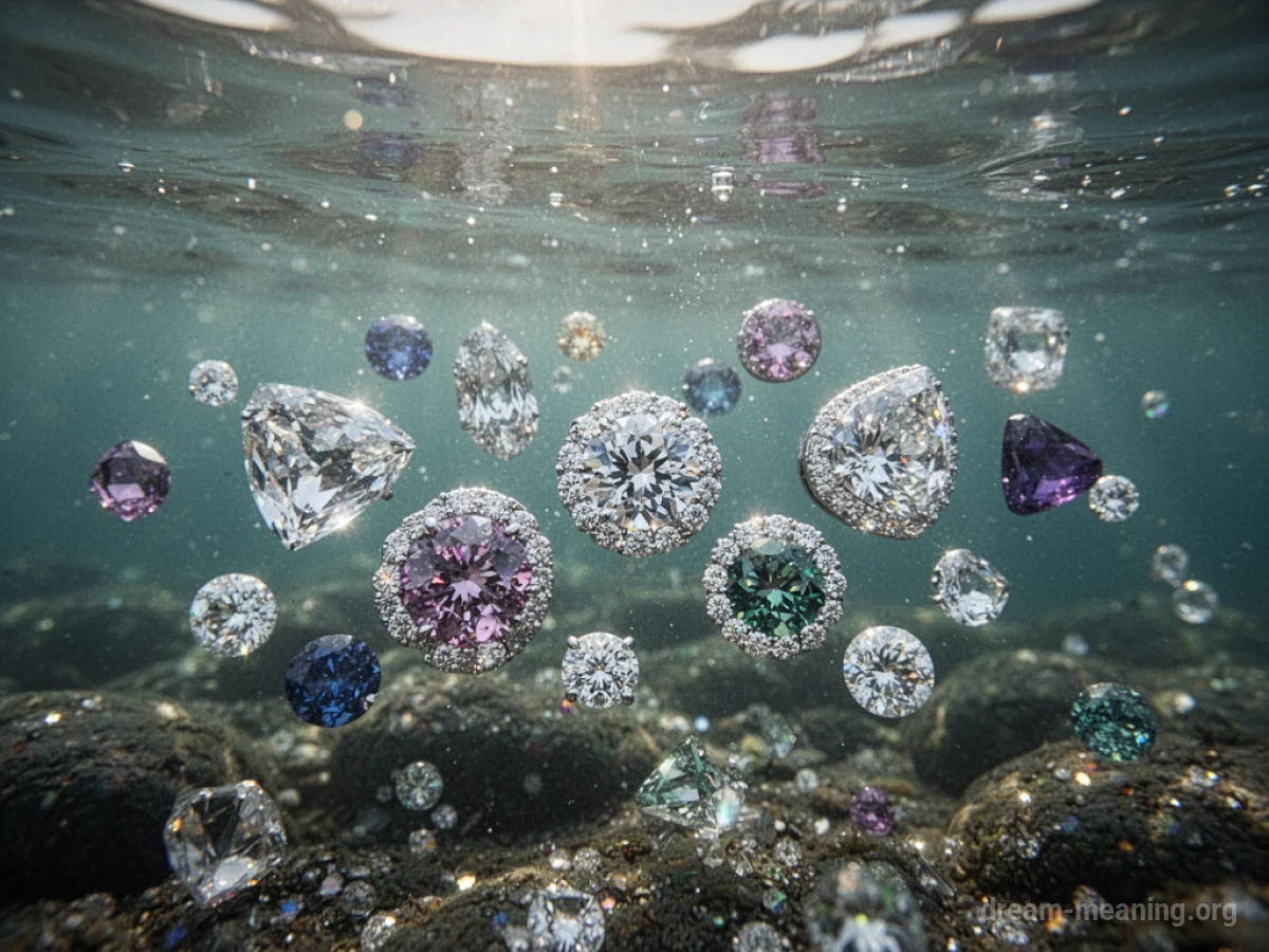 Gems resting at the bottom of a body of clear water.