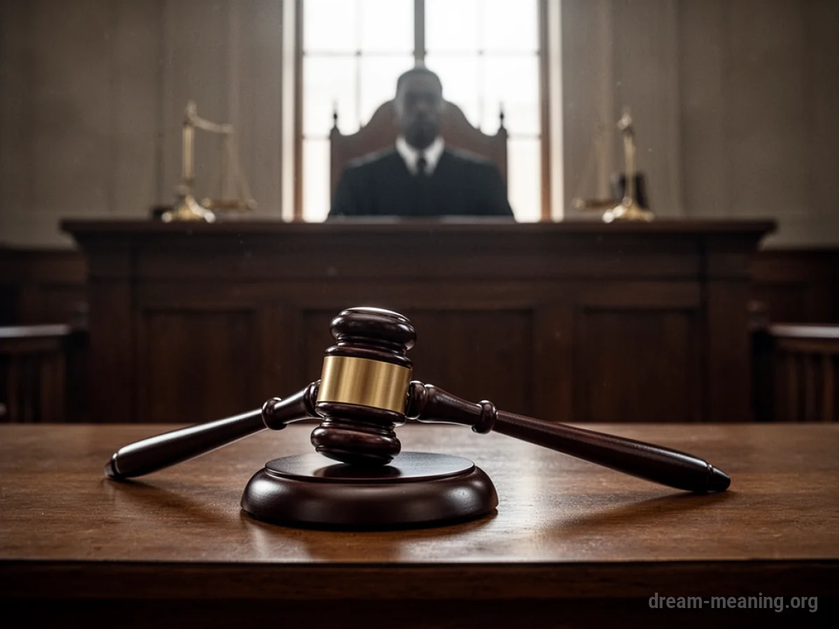 A gavel on a courtroom desk with a judge's silhouette in the background.