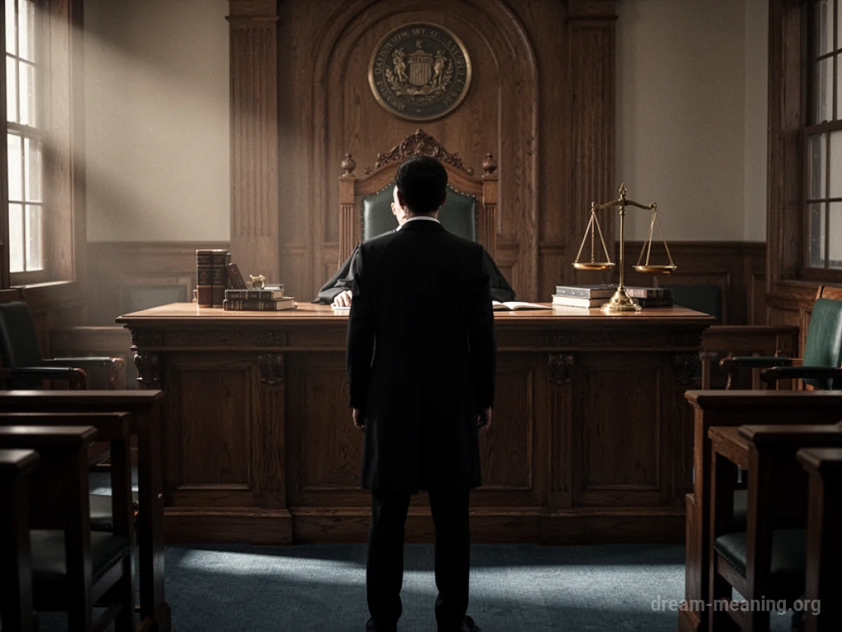 Silhouette of a person standing before a judge in a courtroom.