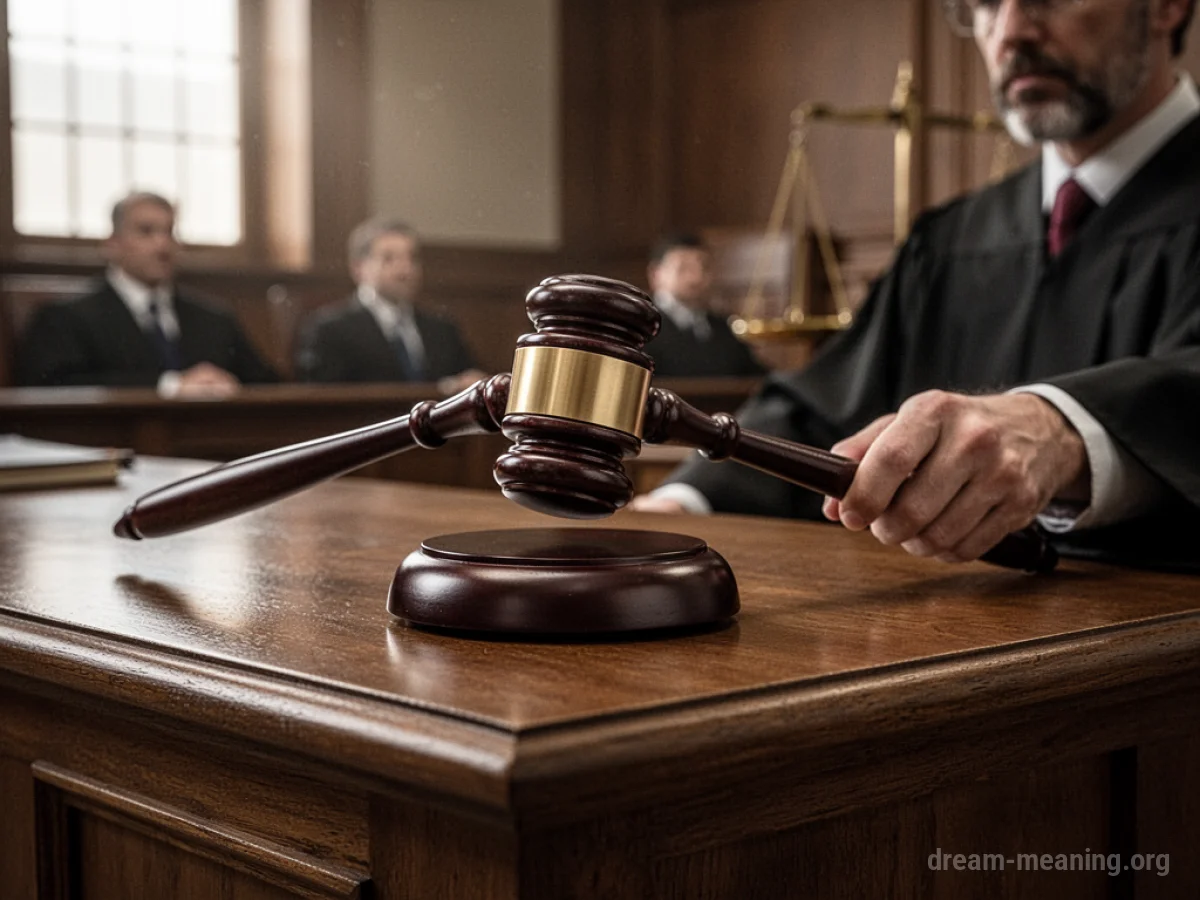 A wooden gavel poised to strike a sounding block.