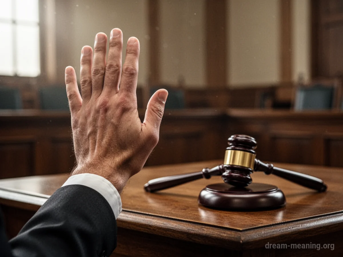 A hand raised in a courtroom setting.