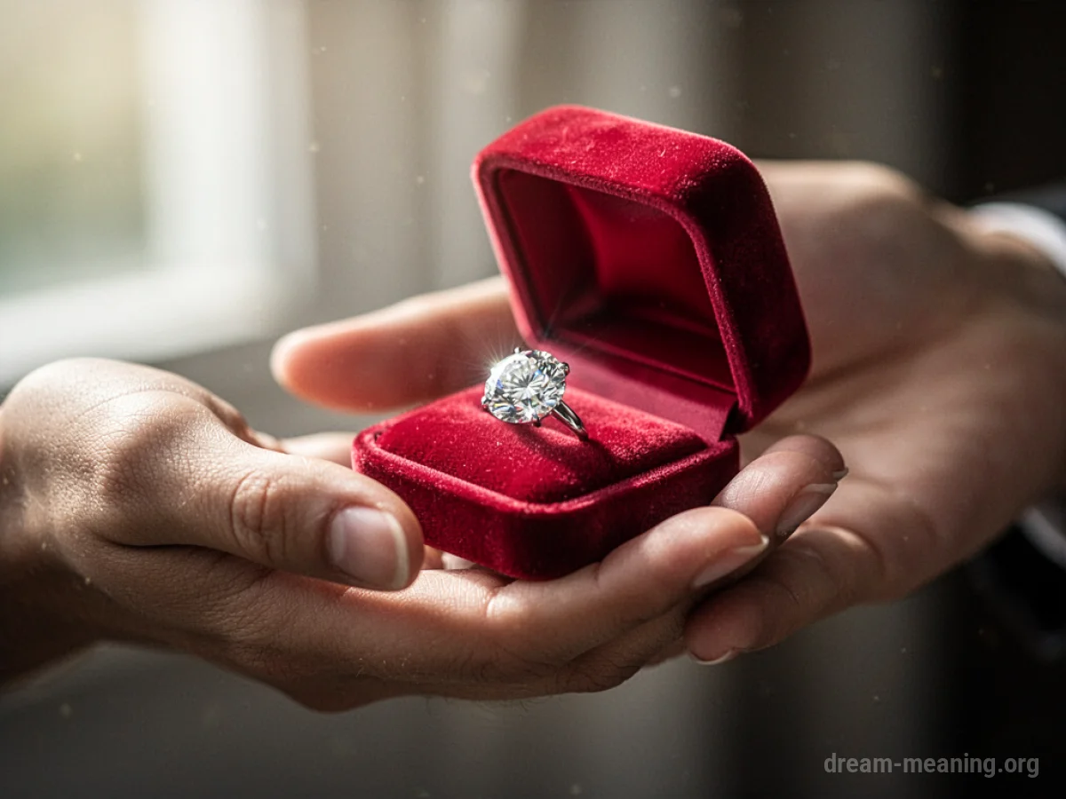 A hand extending a closed velvet jewelry box towards the viewer.