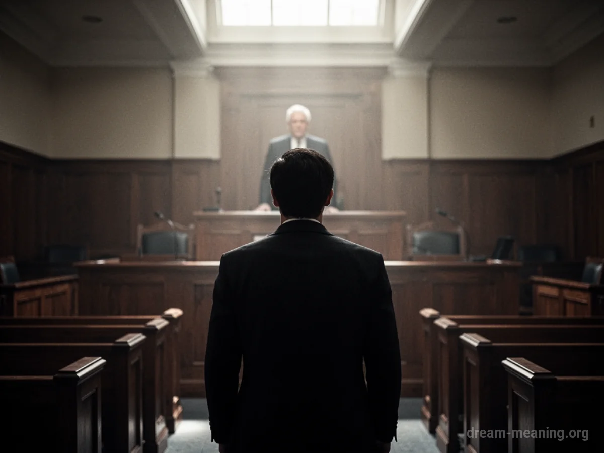 Silhouette of a person facing an indistinct figure in a courtroom.