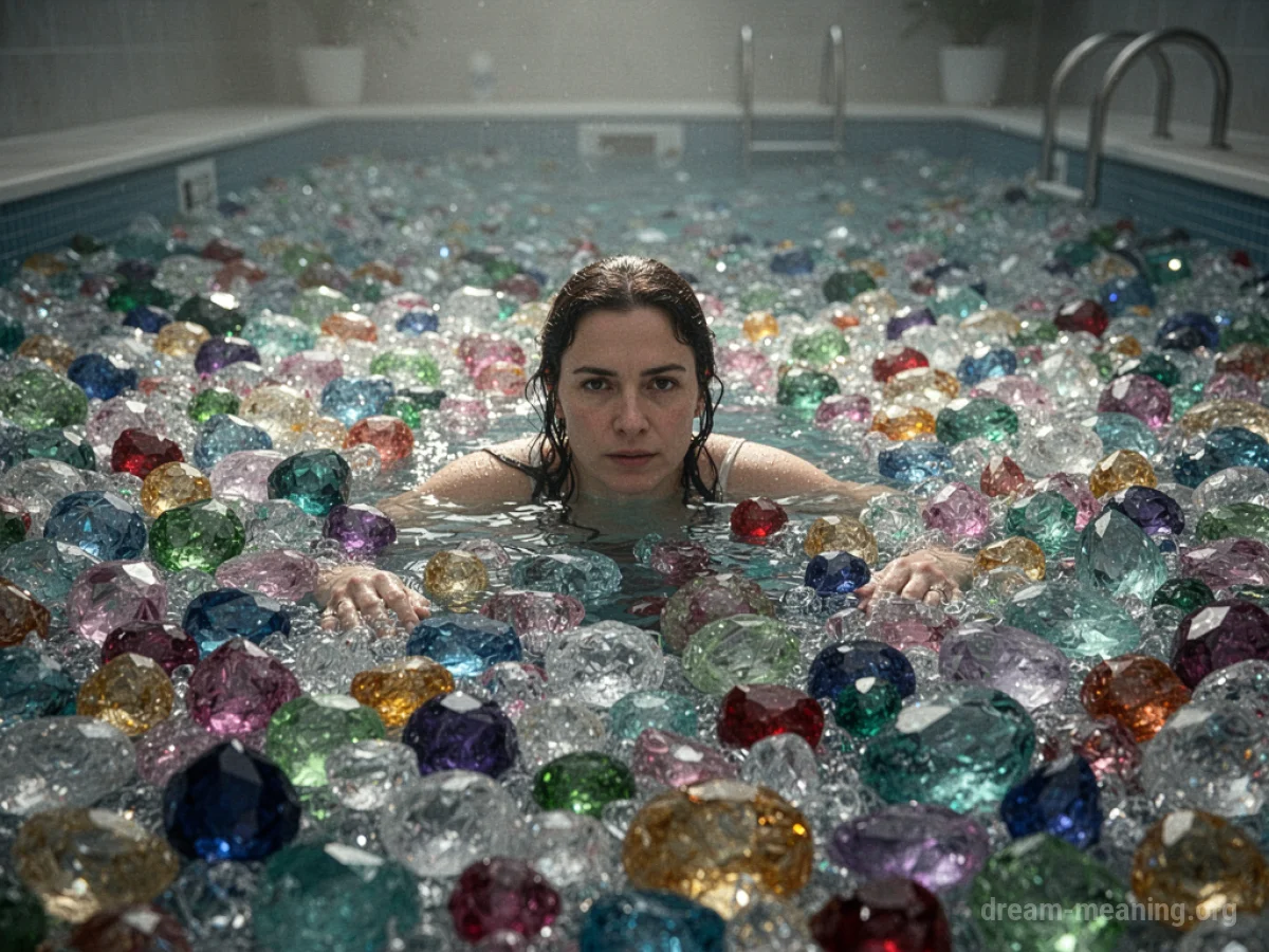 A person underwater surrounded by shimmering jewels.
