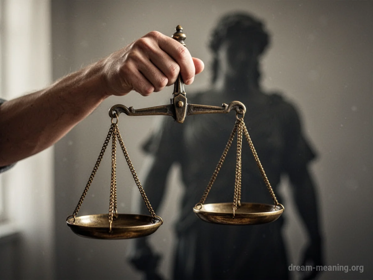 Scales of justice tilted to one side with a shadowy figure behind.