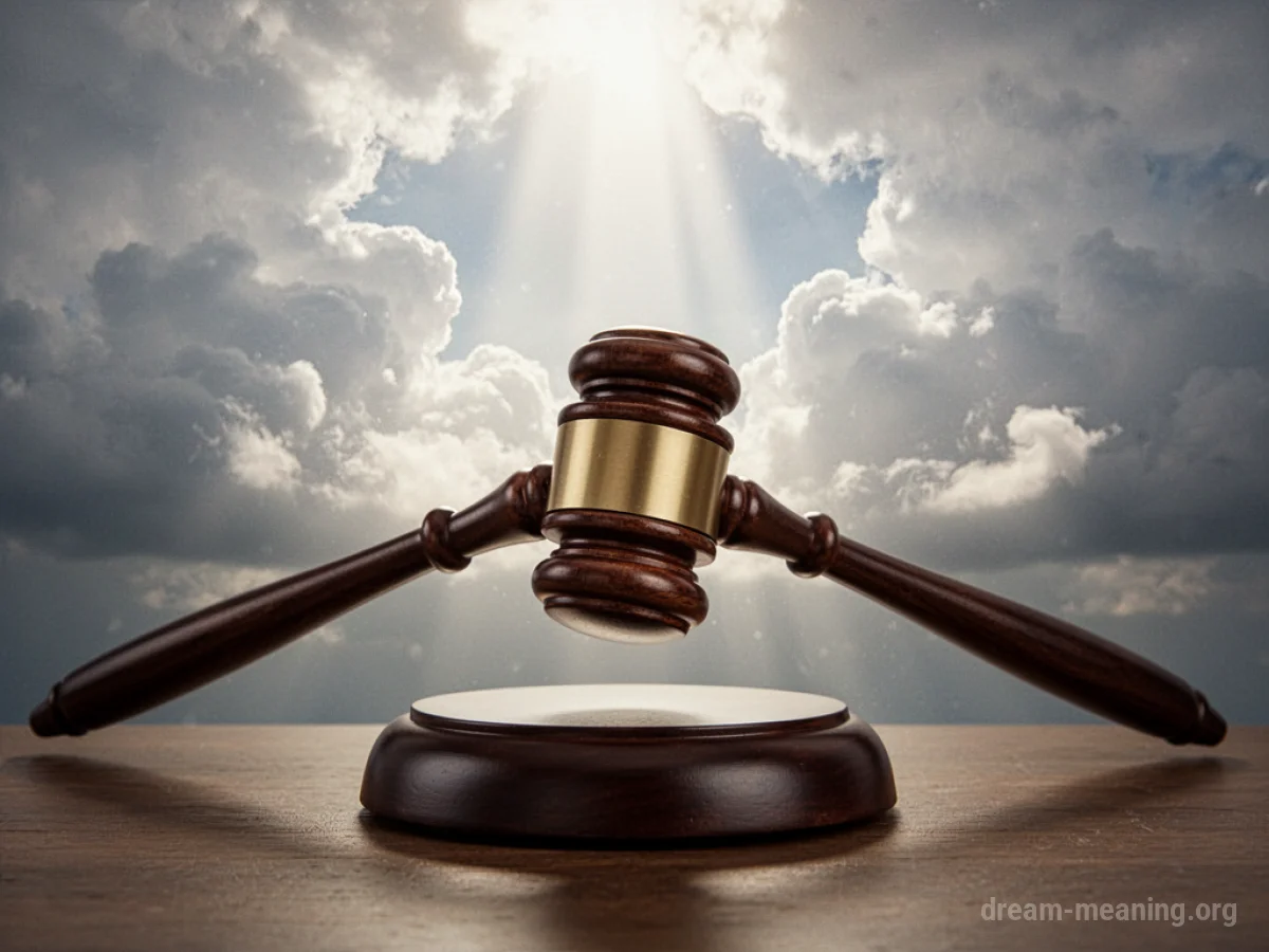 A wooden gavel poised above a sound block, with soft light filtering from above.