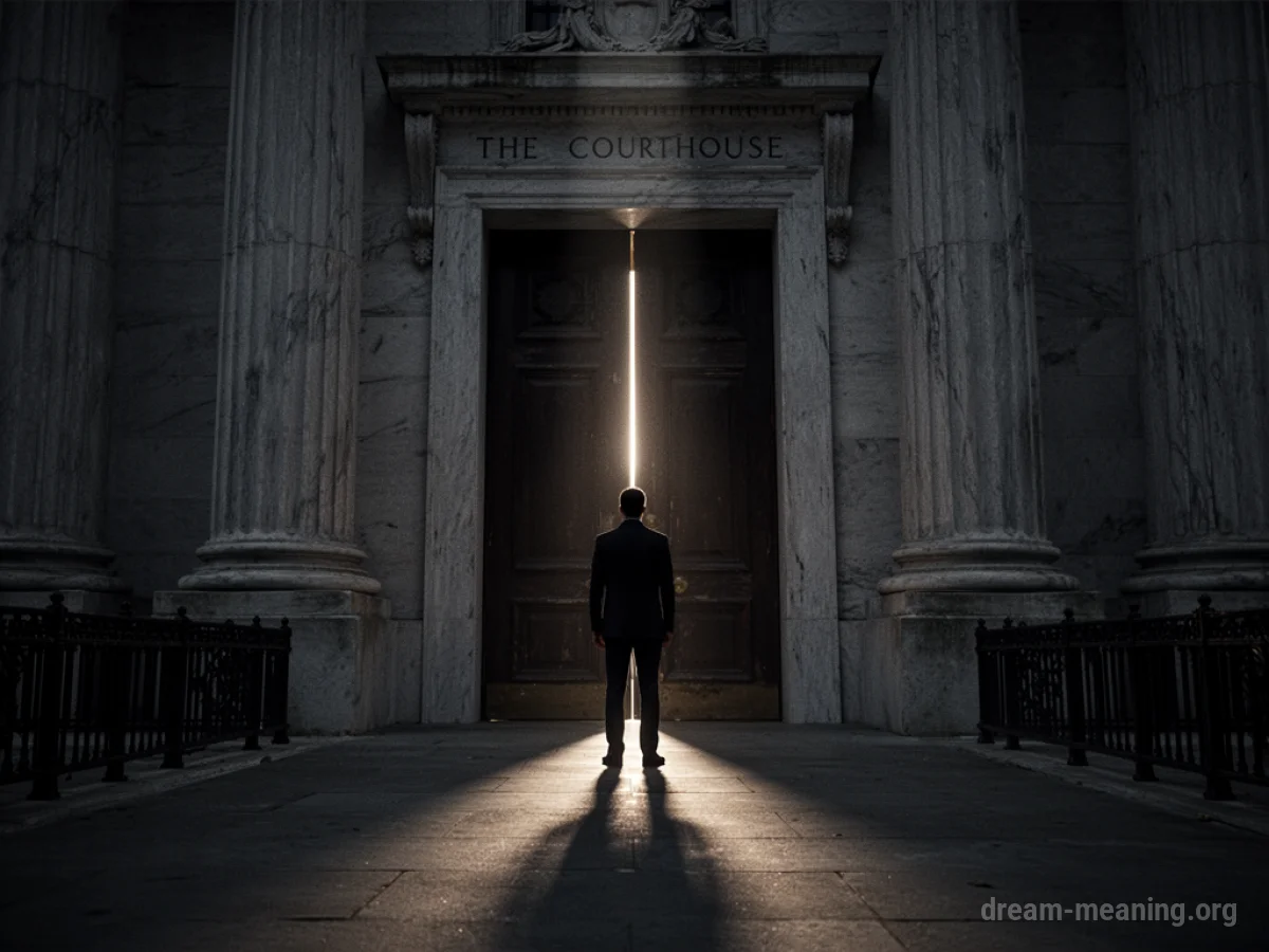 A lone silhouette stands before a large, closed courthouse door.