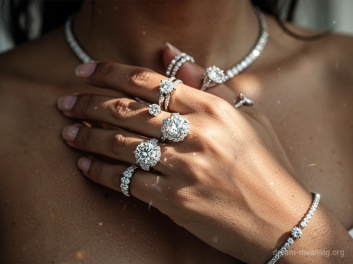 A person's hand wearing multiple rings and a necklace.