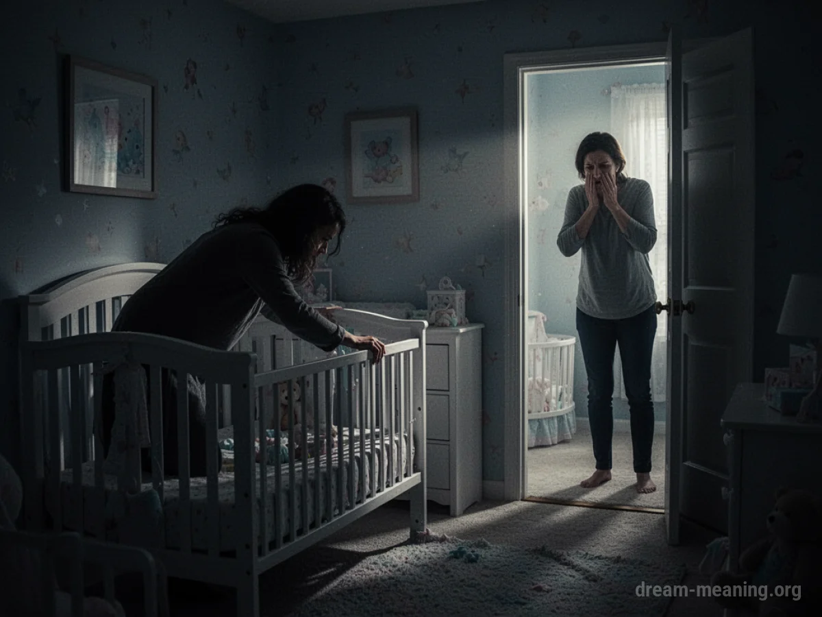 Silhouette of a parent watching a shadowy figure reaching towards a baby's crib.