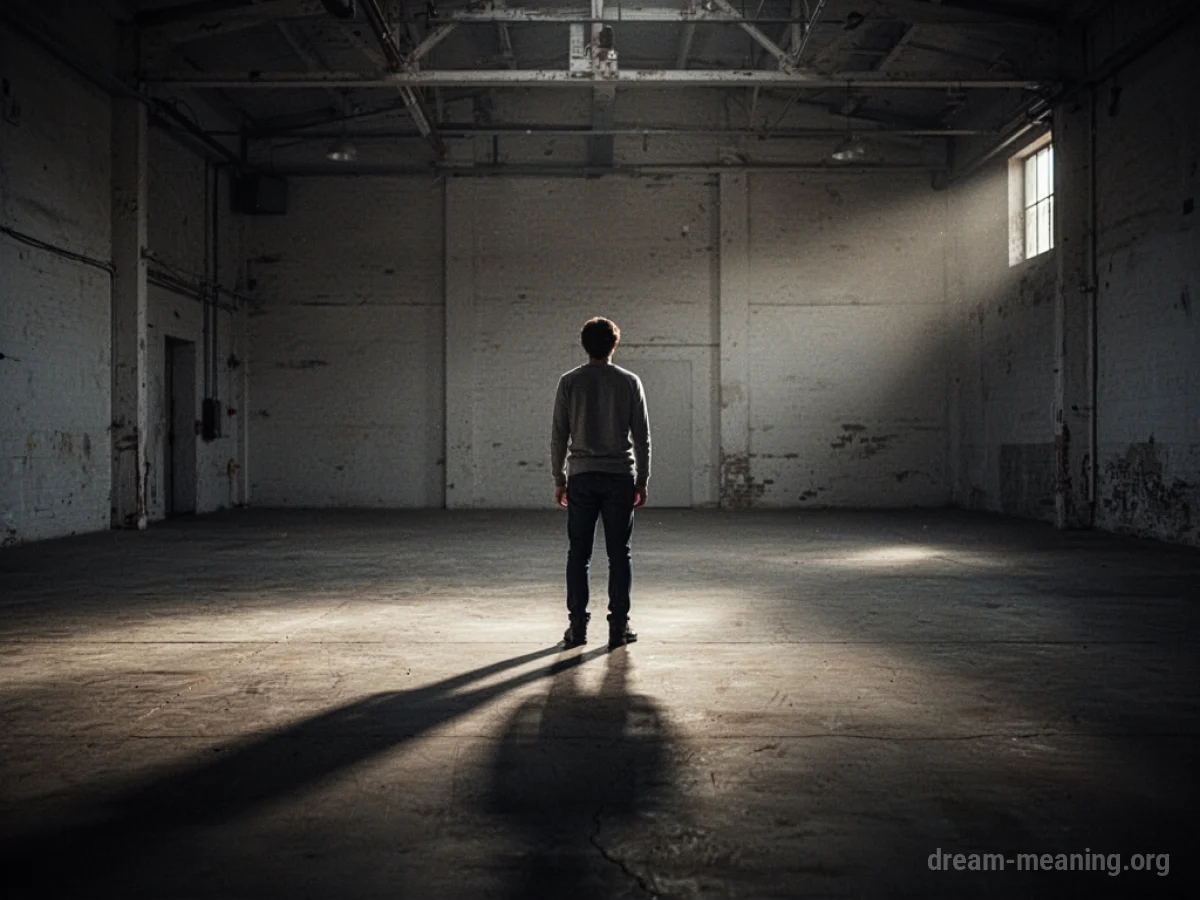 Silhouette of a person in a vast, dark room with long shadows.