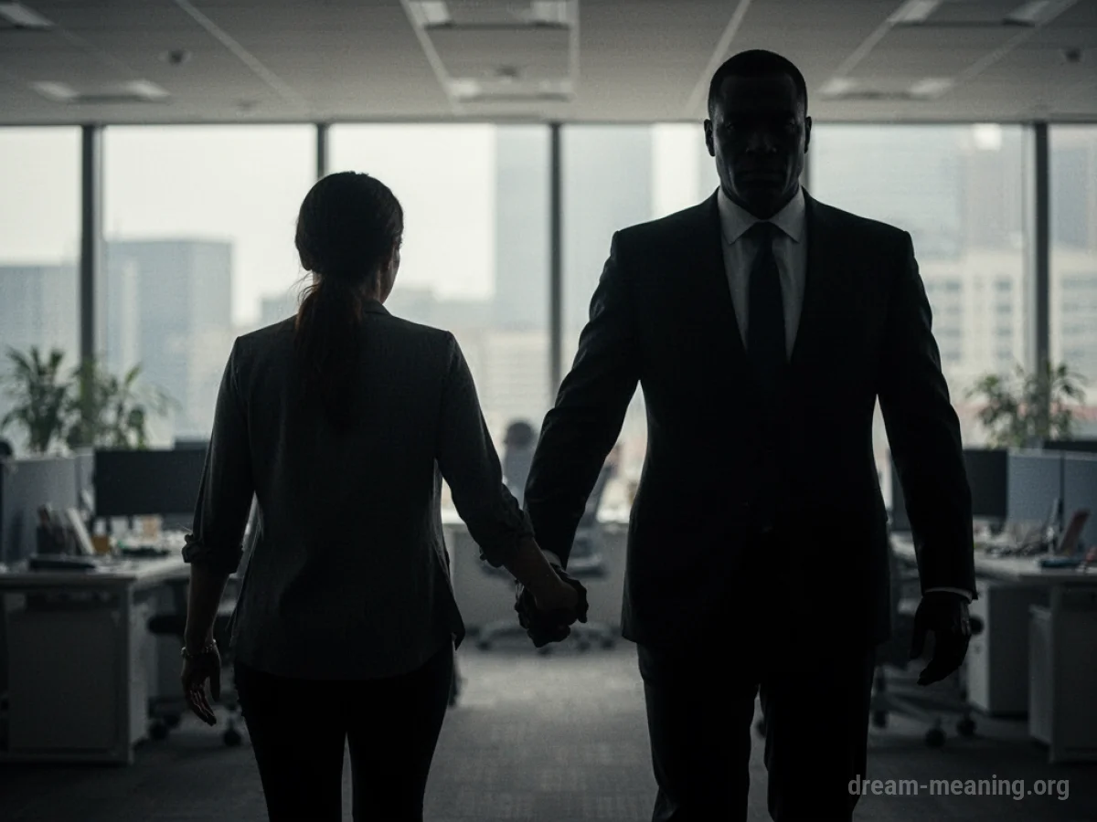 Silhouette of one person being led away by another figure in an office setting.