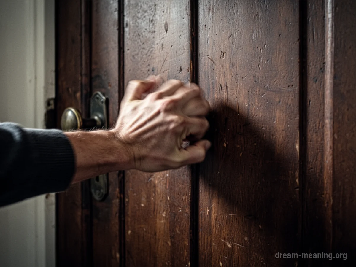 A hand knocking urgently on a dark, unyielding wooden door.