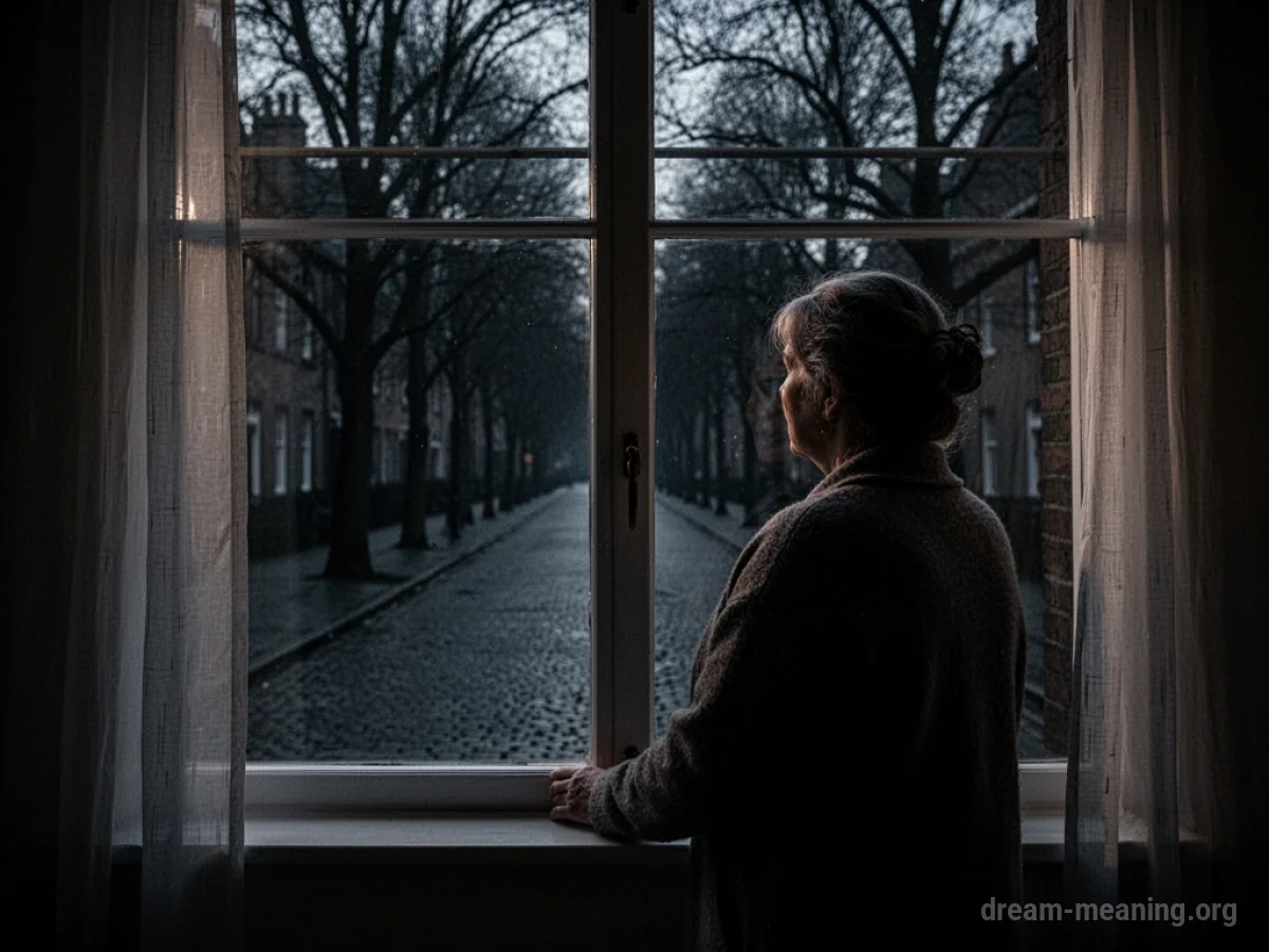 Parent looking anxiously out a window at night.