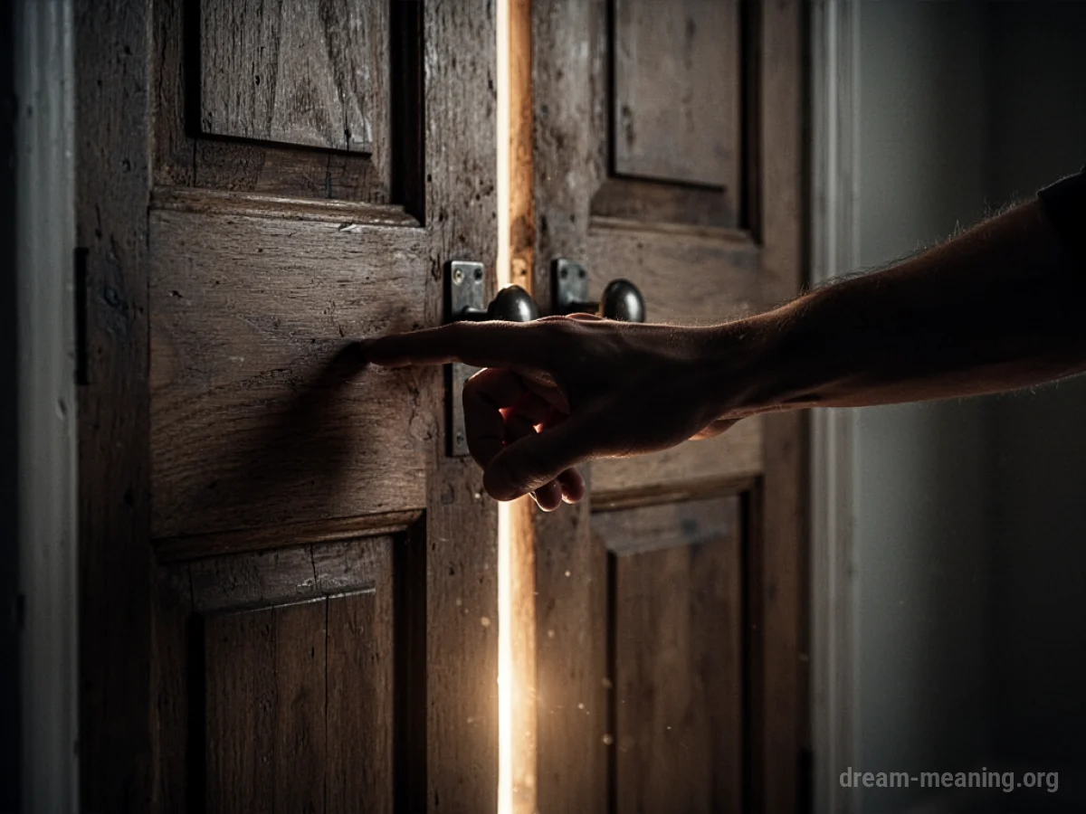 A hand knocking on a wooden door.