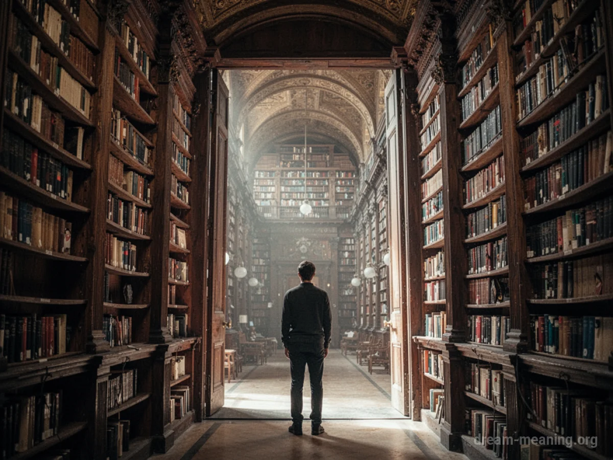 A person at the entrance of a massive library with endless bookshelves.