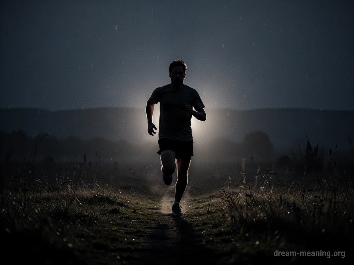 Silhouette of a person running away from darkness towards a distant light.