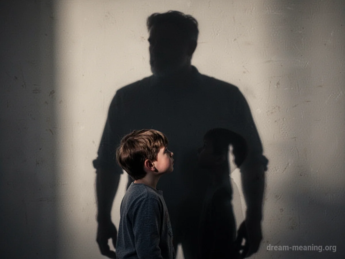 A child looking towards a large shadow that obscures a father figure.