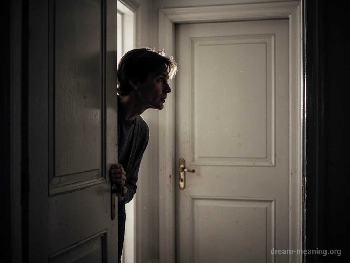 Silhouette of a person peeking from behind a door.