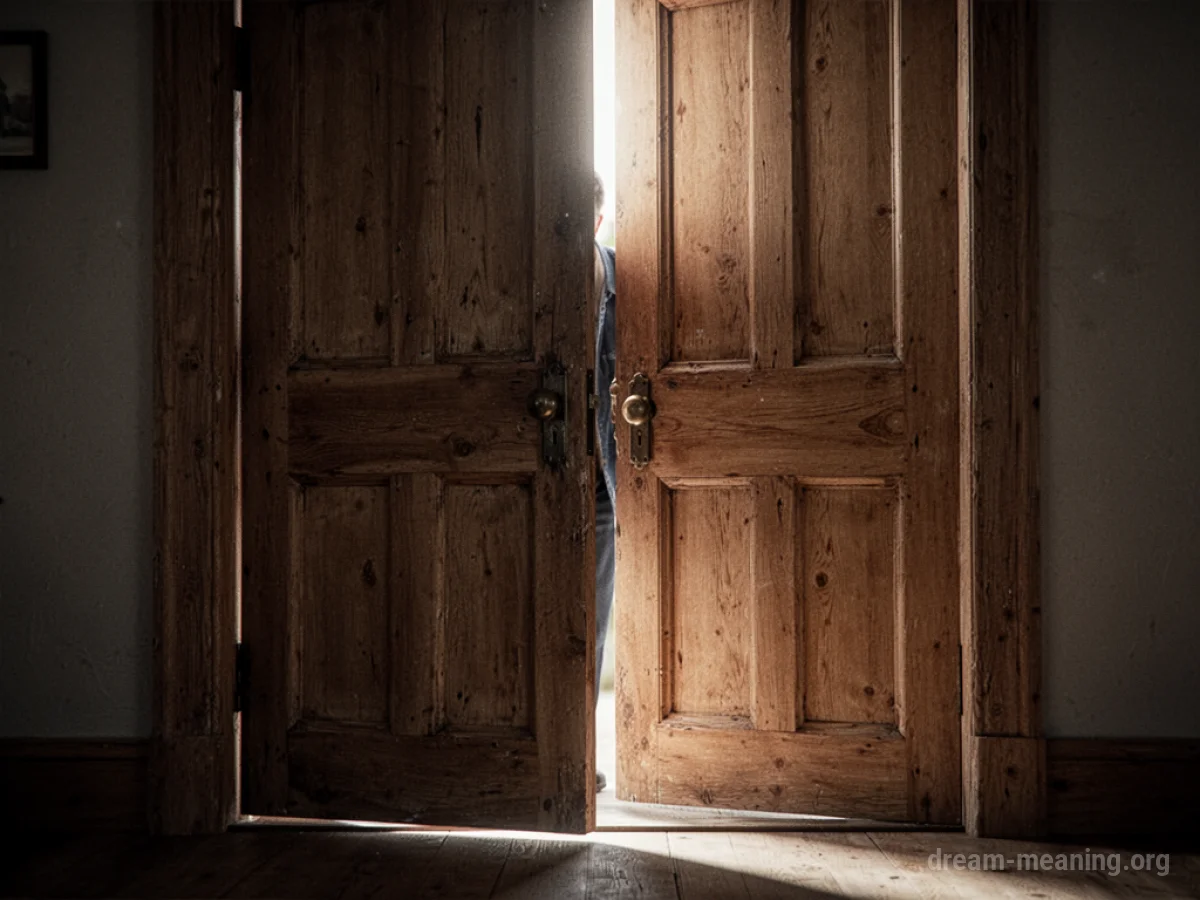 A wooden door with a sliver of light visible through a slightly open gap.