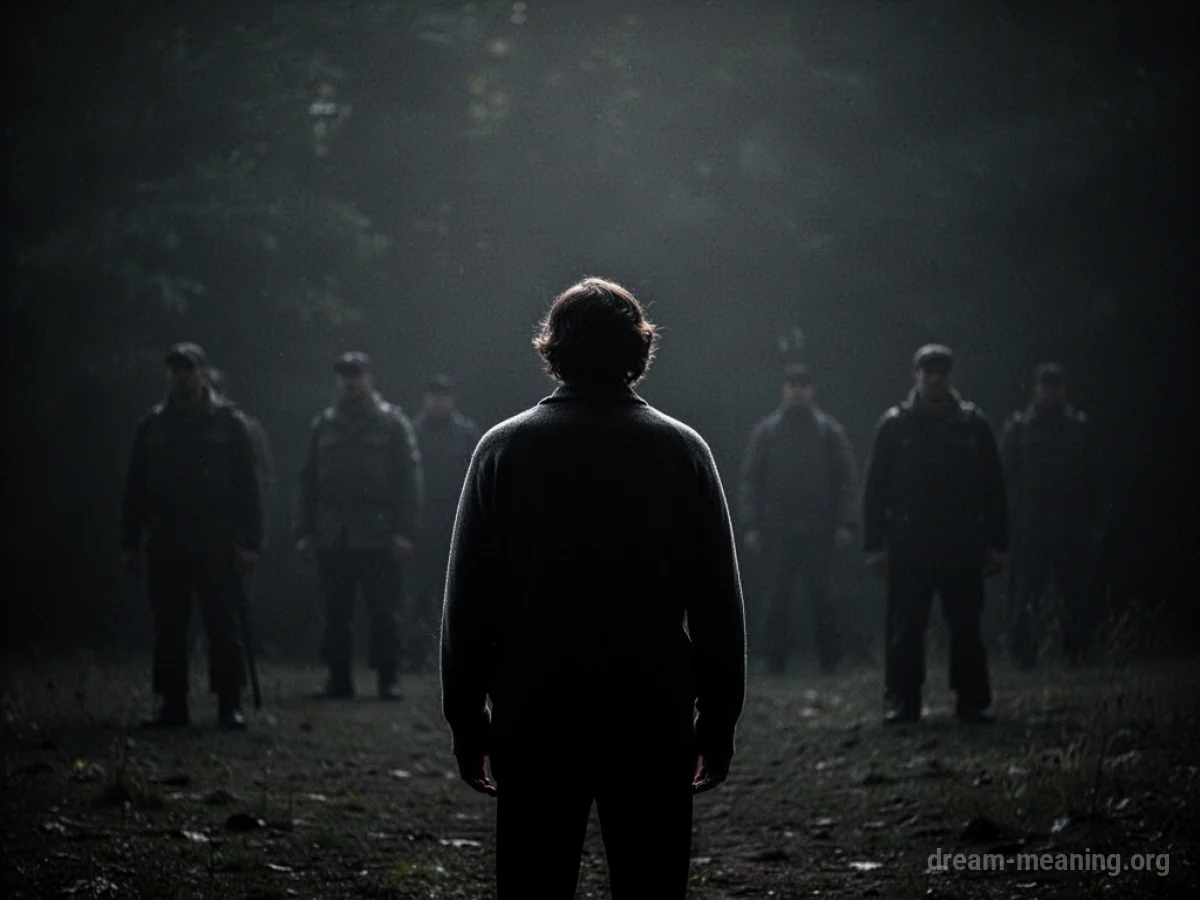 Silhouette of a person standing alone in a dark, abstract space with distant, blurry figures.