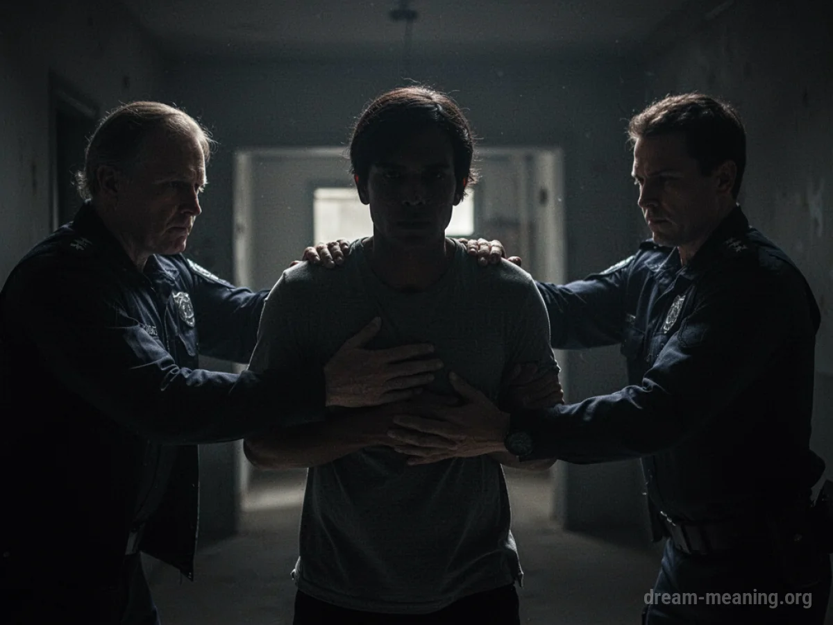 Silhouette of a person being held by two other figures against a dark background.