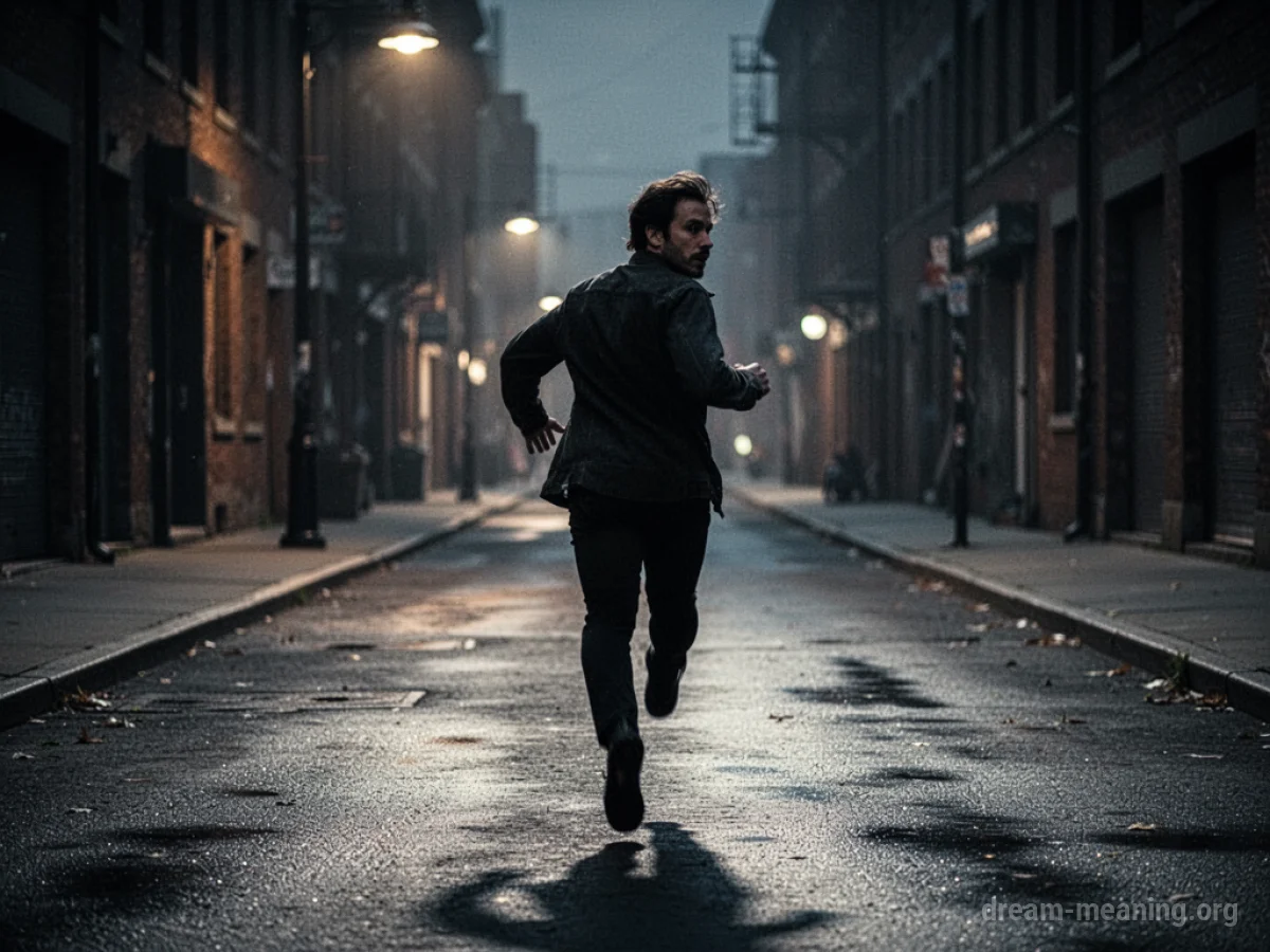 Silhouette of a person running away from unseen pursuers in a dark alley.