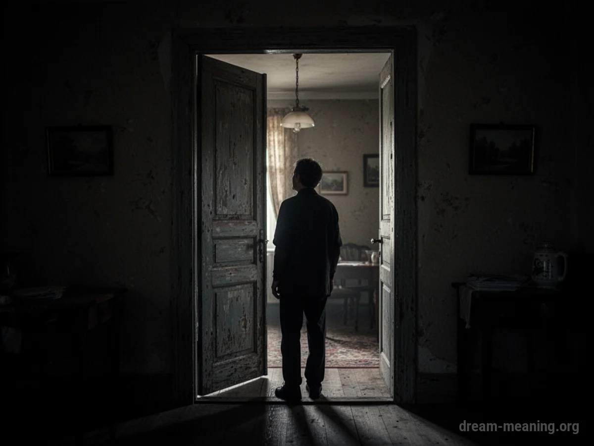 Silhouette of a person standing in a dark doorway looking into a room.